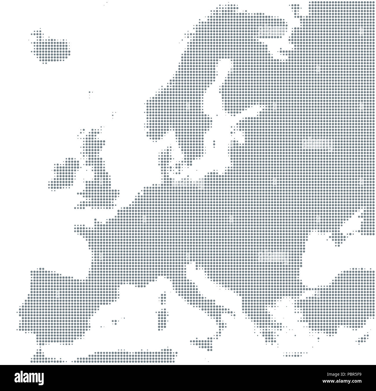 Silhouette dell'Europa. Grigio i punti dei mezzitoni di varia dimensione e spaziatura. Mappa di Europa. Contorno tratteggiato e superficie in proiezione Robinson. Foto Stock