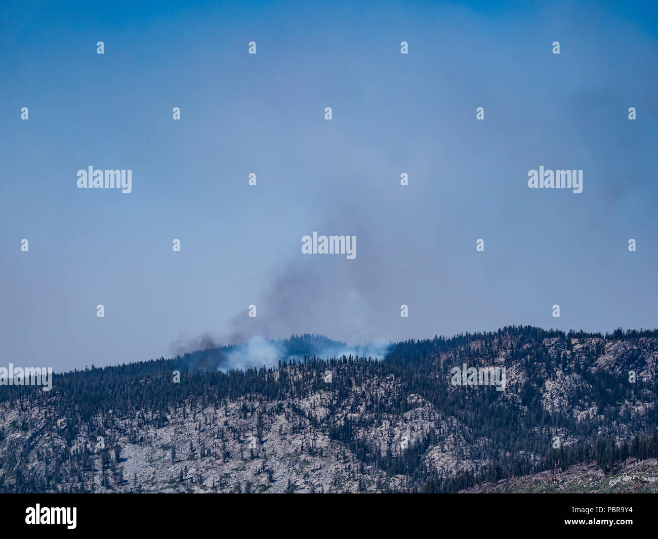 Incendio di foresta fumo, Inyo National Forest al di sopra di Mammoth Lakes, California. Foto Stock