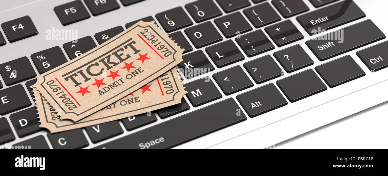Mostra online booking concetto. Vecchio cinema biglietti di tipo isolato su un laptop di sfondo, banner, 3d'illustrazione. Foto Stock