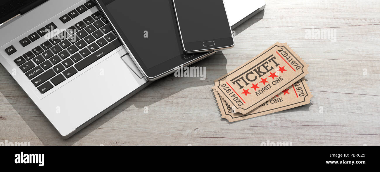 Mostra online booking concetto. Vecchio cinema biglietti di tipo isolato, laptop, tablet e smartphone su un sfondo di legno, banner, 3d'illustrazione. Foto Stock