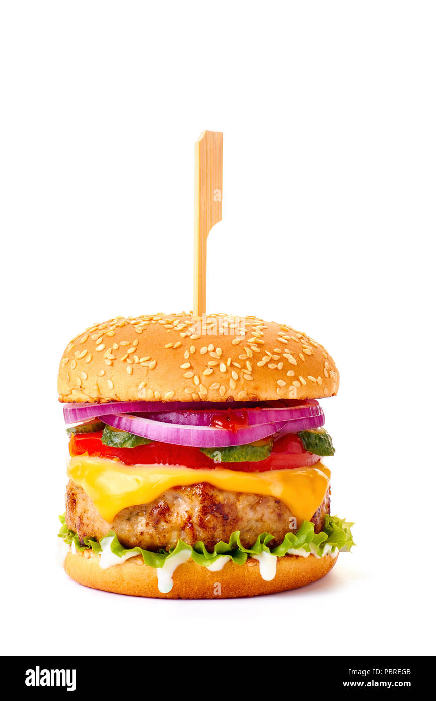 Deliziosa cheeseburger su bianco Foto Stock