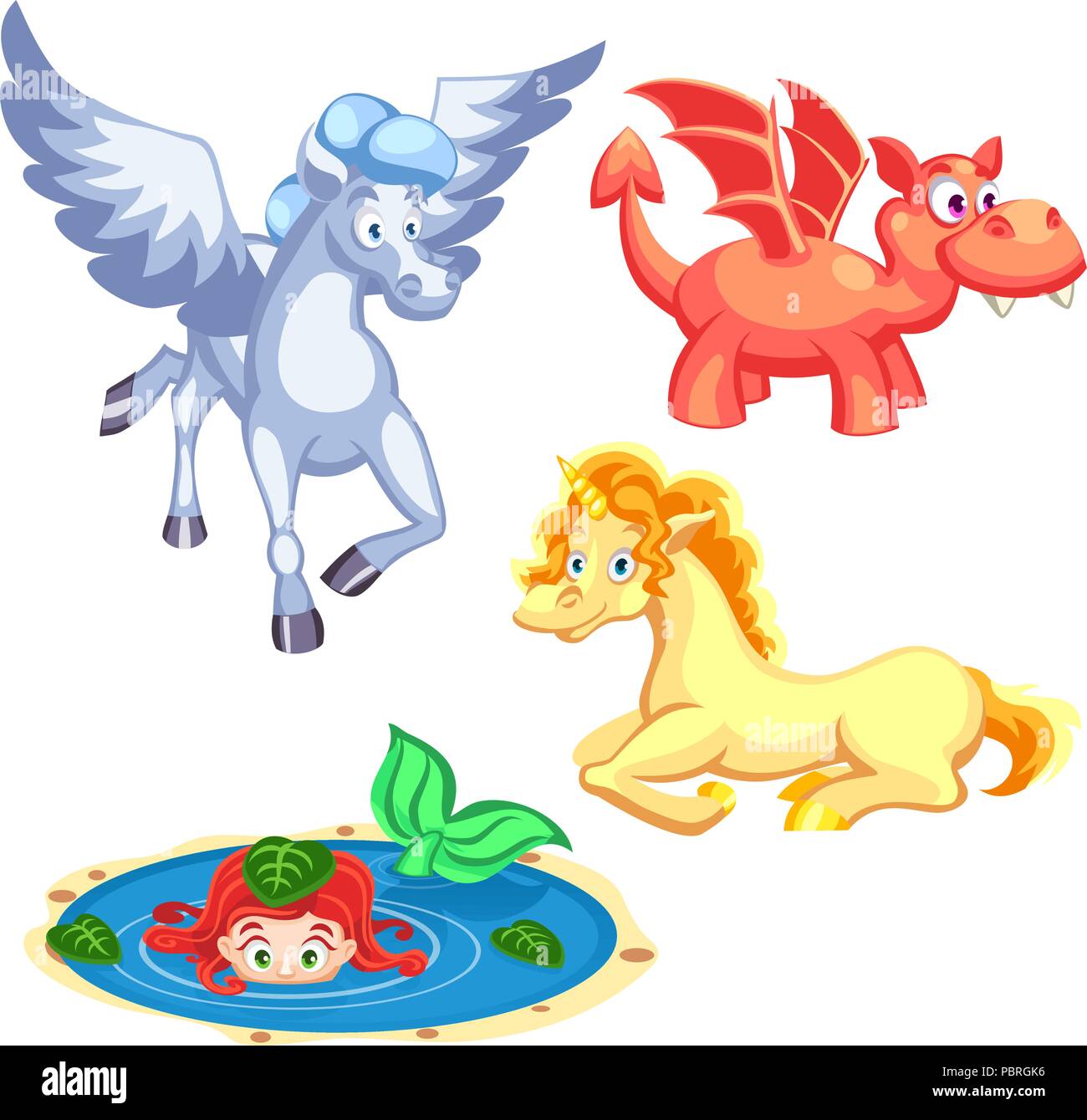 Set di vettore di cartoni animati Fantasia creature Dragone, mermaid, Unicorn, Pegasus Illustrazione Vettoriale
