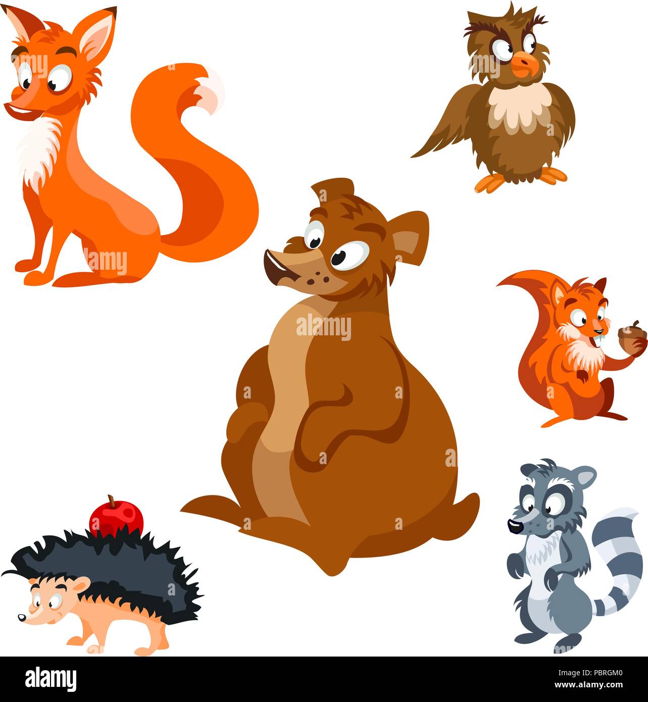 Set di vector cartoon gli animali del bosco orso, raccoon, lo scoiattolo  con un dado, OWL, riccio con un apple, fox Immagine e Vettoriale - Alamy
