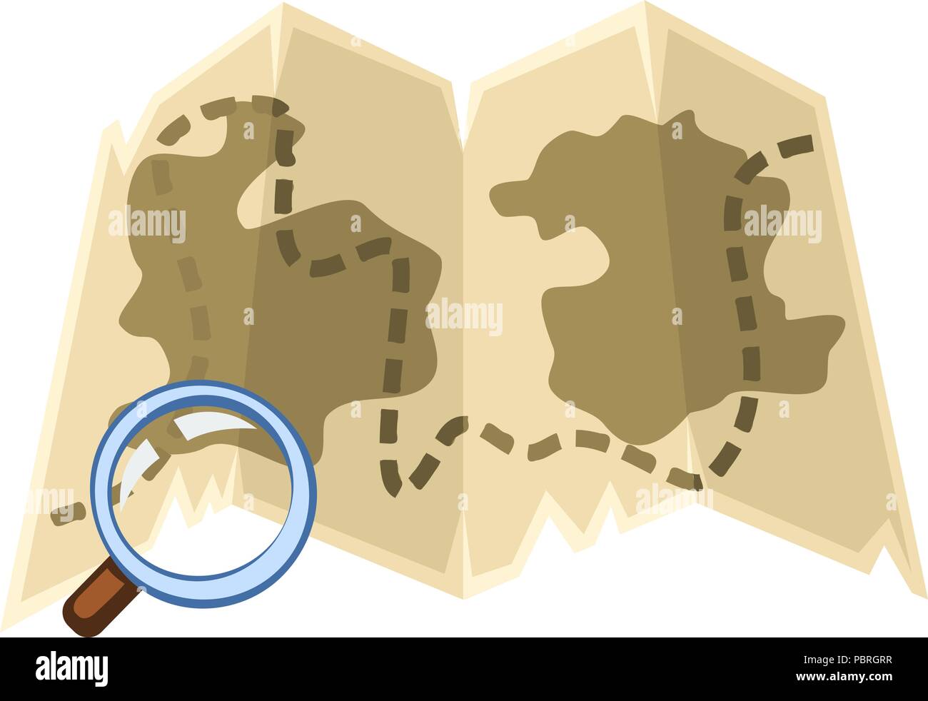 Vettore di Cartoon mappa del tesoro con lente di ingrandimento Illustrazione Vettoriale
