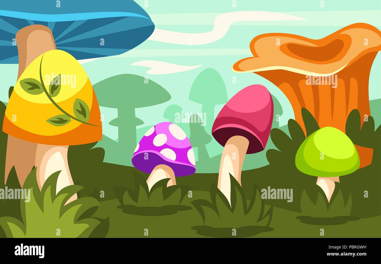 Cartoon illustrazione di una foresta di funghi, sullo sfondo di gioco Illustrazione Vettoriale