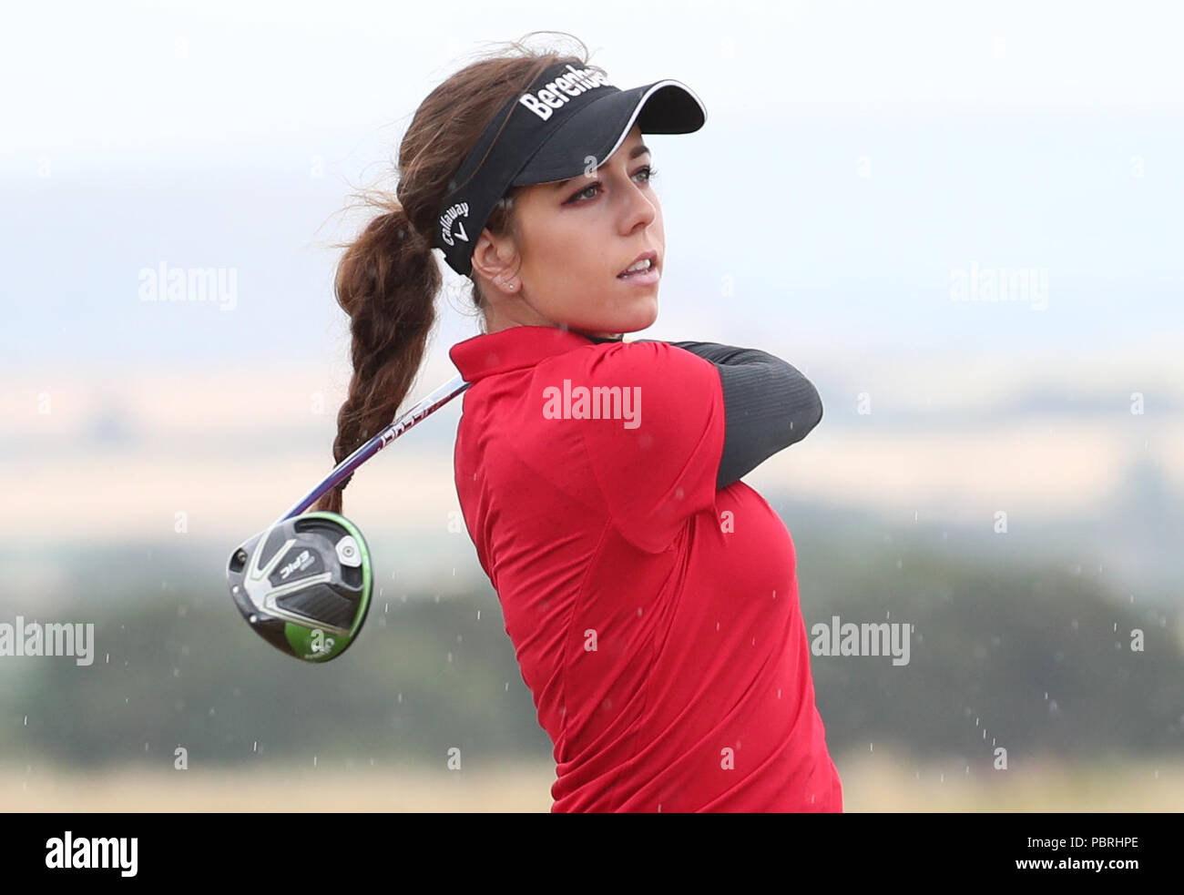 England's Georgia Hall sul primo tee durante il quarto giorno dell'Aberdeen Standard Investments 2018 Ladies Scottish Open al Gullane Golf Club. STAMPA ASSOCIAZIONE Foto, Foto data: Domenica 29 luglio 2018. Il credito fotografico dovrebbe essere: Jane Barlow/PA Wire. Foto Stock