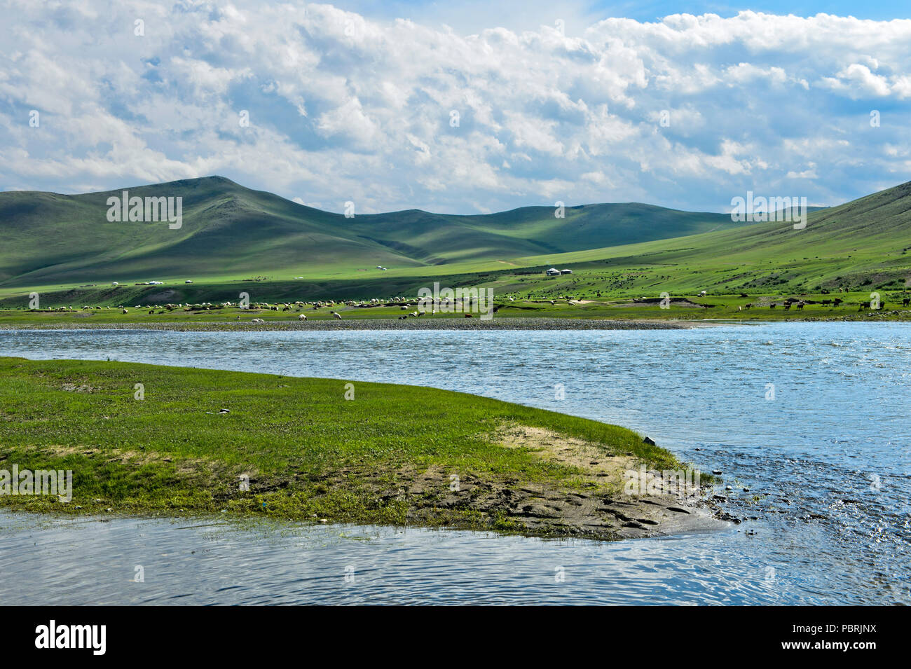 Steppa presso il fiume Orchon, Sito del Patrimonio Mondiale. Paesaggio culturale. Orchon Valley, Charchorin, Öwörchangai Provincia, Mongolia Foto Stock