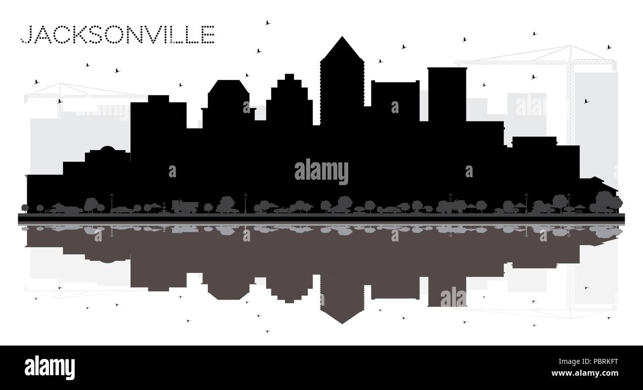Jacksonville in Florida City skyline in bianco e nero con silhouette riflessioni. Illustrazione Vettoriale. Piatto semplice concetto per il turismo presentazione Illustrazione Vettoriale