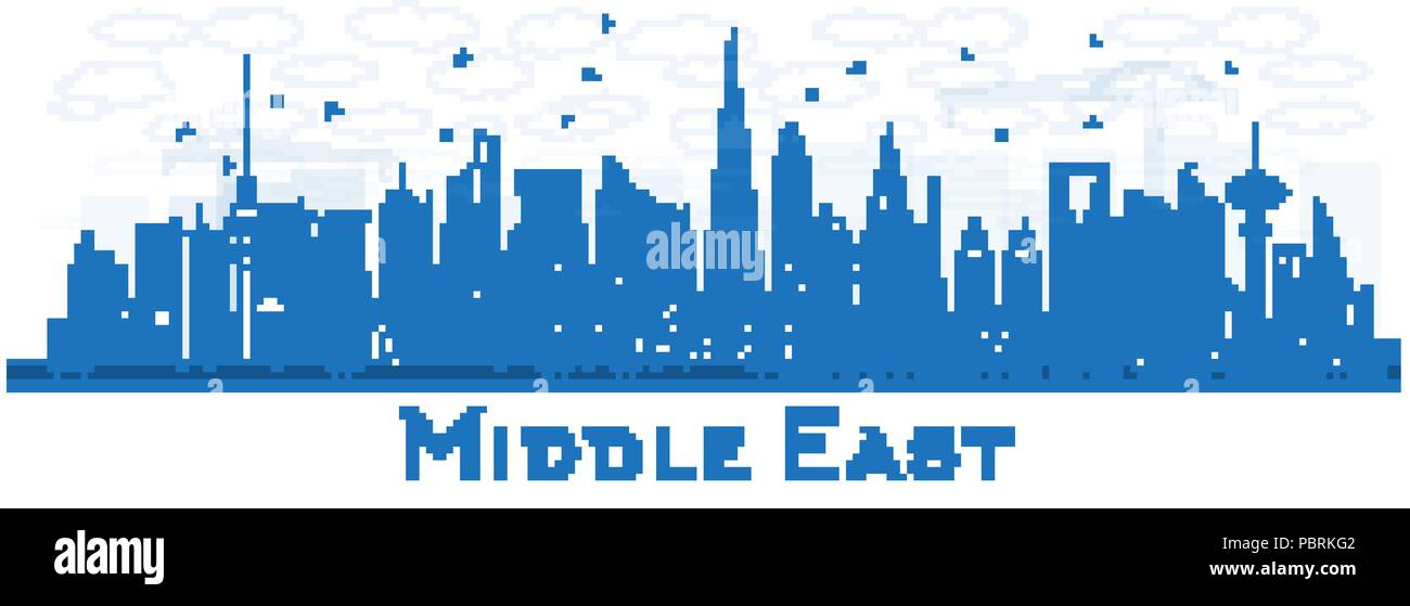 Profilo Medio Oriente dello skyline della città con edifici blu isolato su bianco. Illustrazione Vettoriale. Dubai, Kuwait, Abu Dhabi, Doha, Istanbul, Jeddah. Illustrazione Vettoriale