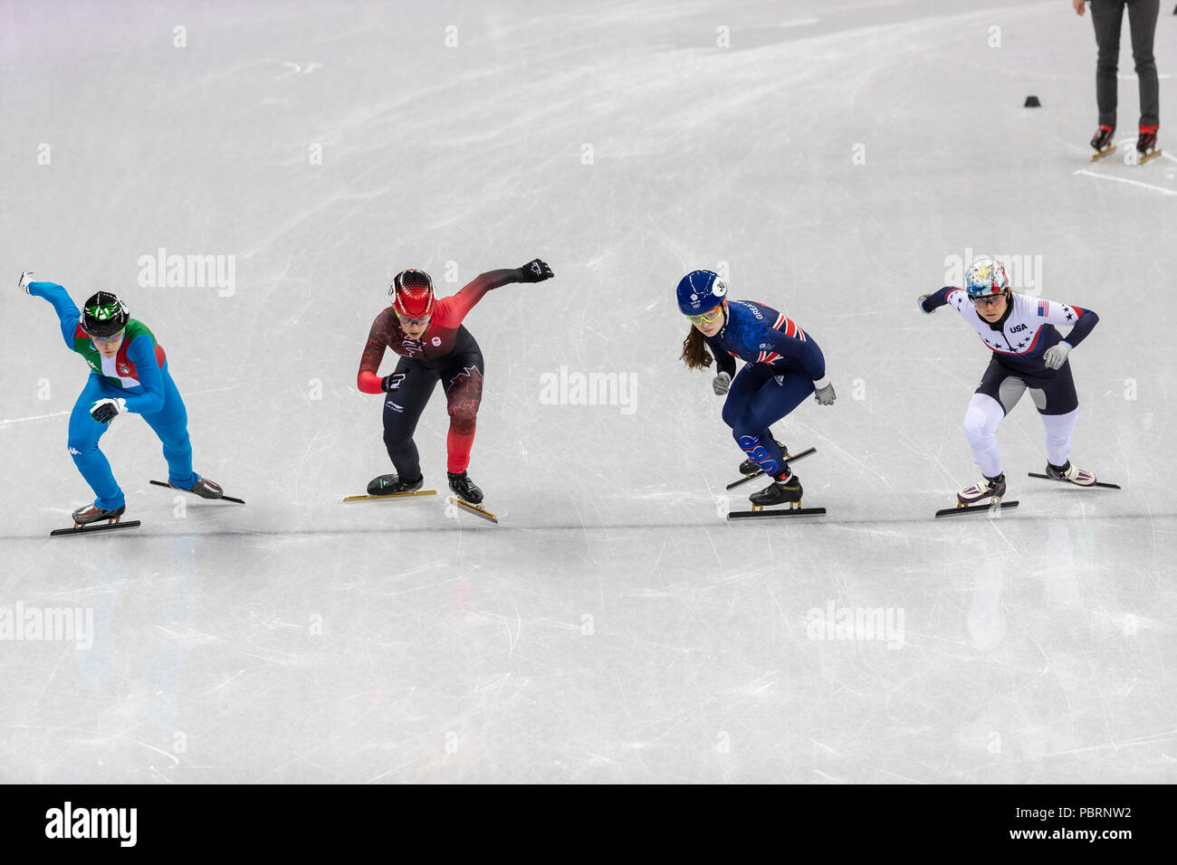 Arianna Fontana (ITA) #9, Valerie Maltais (CAN) #47, Jessica Kooreman (USA) #16 e Kathryn Thomson (GBR) #30 all'inizio della breve Via per donna Foto Stock