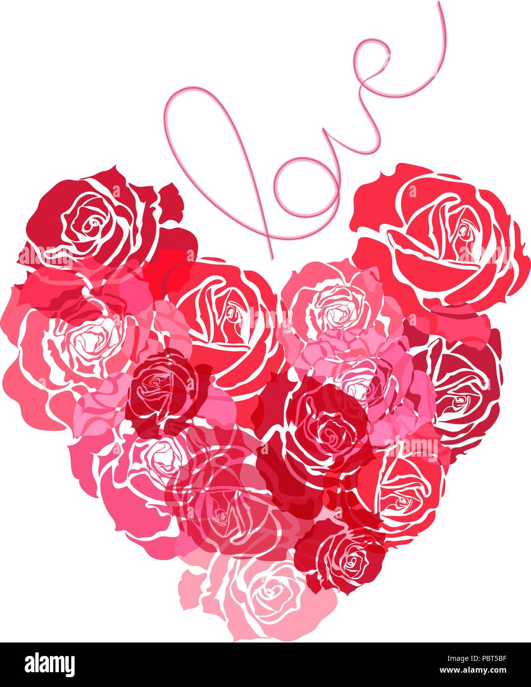 Mazzo di rose a forma di cuore, rose rosse su sfondo bianco, composizione floreale, il giorno di San Valentino, romance sfondo, illustrazione vettoriale Illustrazione Vettoriale