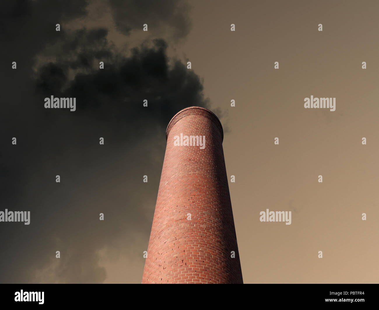 Sventolano mattone fumaiolo di inquinamento di colata in un buio cielo tempestoso. Foto Stock