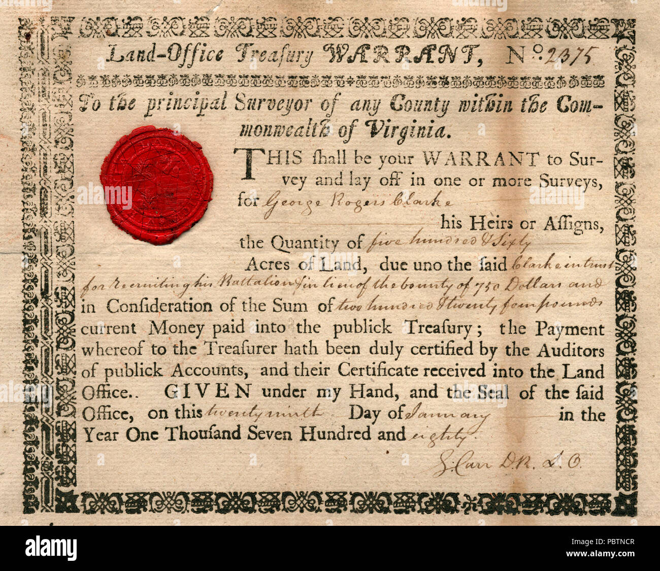 Terra tesoro Office garantisce n. 2375 in nome di George Rogers Clark dirigere i principali geometra di qualsiasi Virginia county di licenziare uno o più sondaggi per un totale di 560 acri. Lo stato della Virginia dovuti Clark acri per l' assunzione di un battaglione e al posto di un $750 bounty. Foto Stock