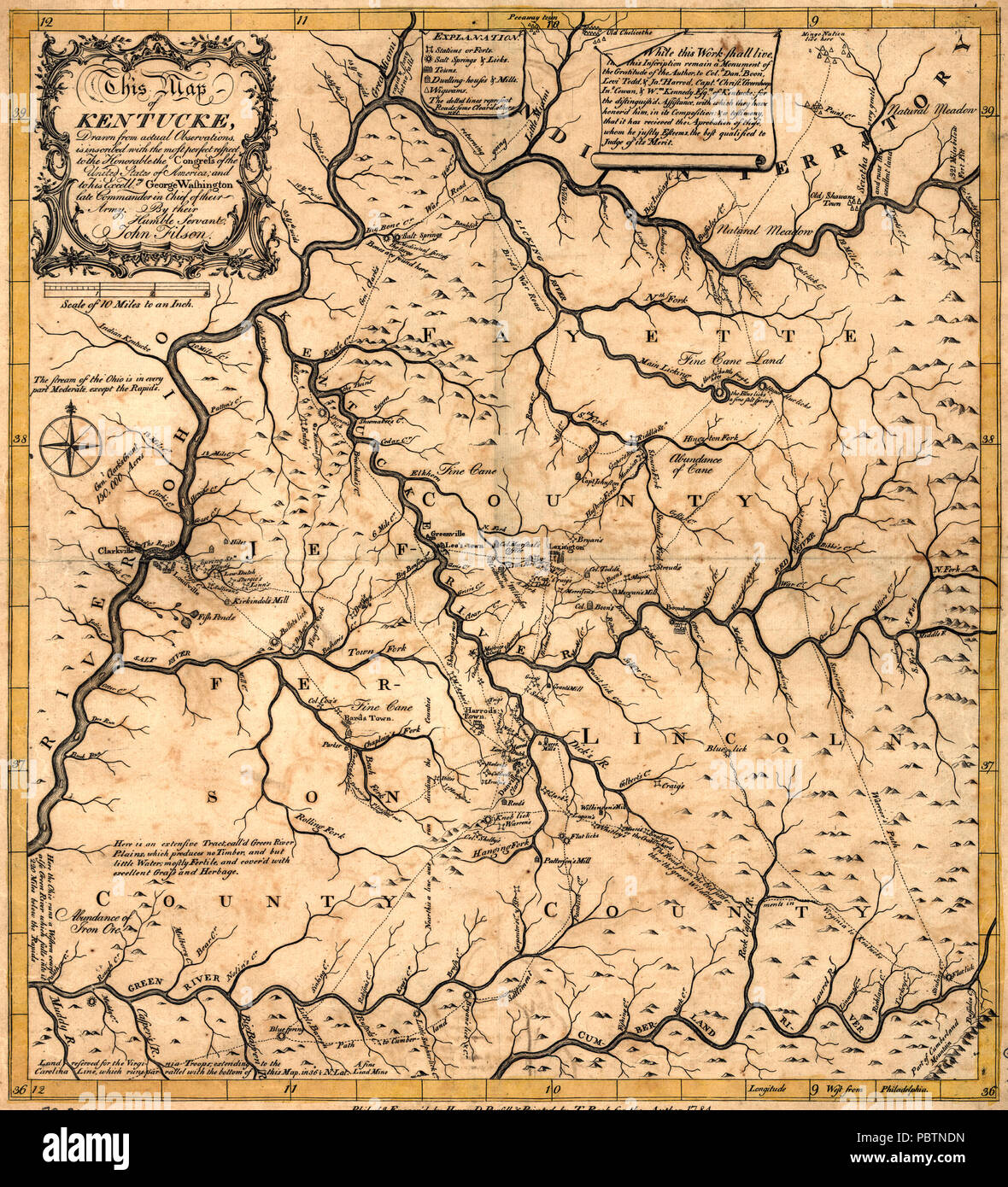 Mappa di Kentucke pubblicato nel 1784 insieme con la scoperta di insediamento e lo stato attuale di Kentucke da John Filson. Foto Stock