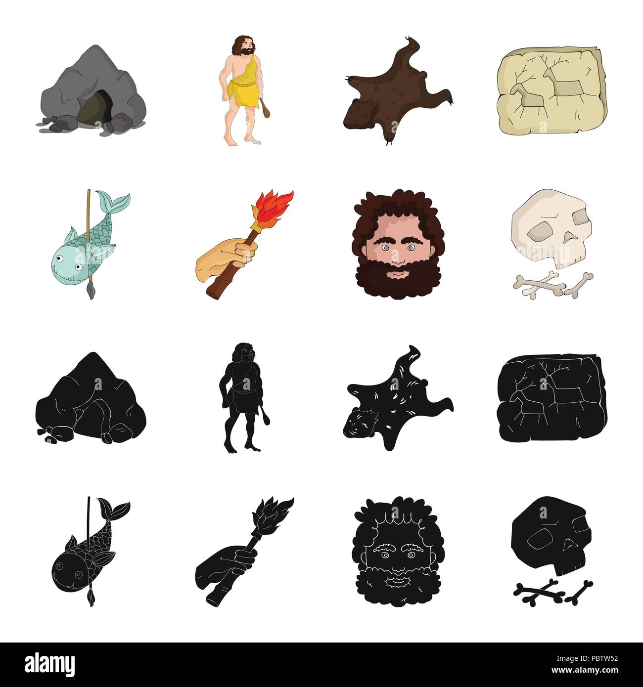 Primitivo, pesce, lancia, torcia .età della pietra set di icone di raccolta in nero,cartoon stile simbolo vettore illustrazione stock . Illustrazione Vettoriale