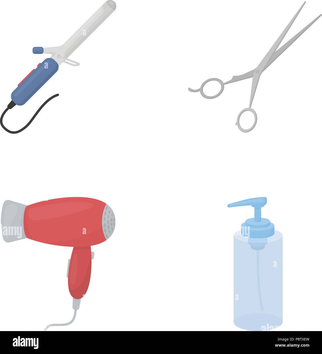 Asciugacapelli, asciugacapelli, lozione, forbici. Parrucchiere set di icone di raccolta in stile cartoon simbolo vettore illustrazione stock . Illustrazione Vettoriale