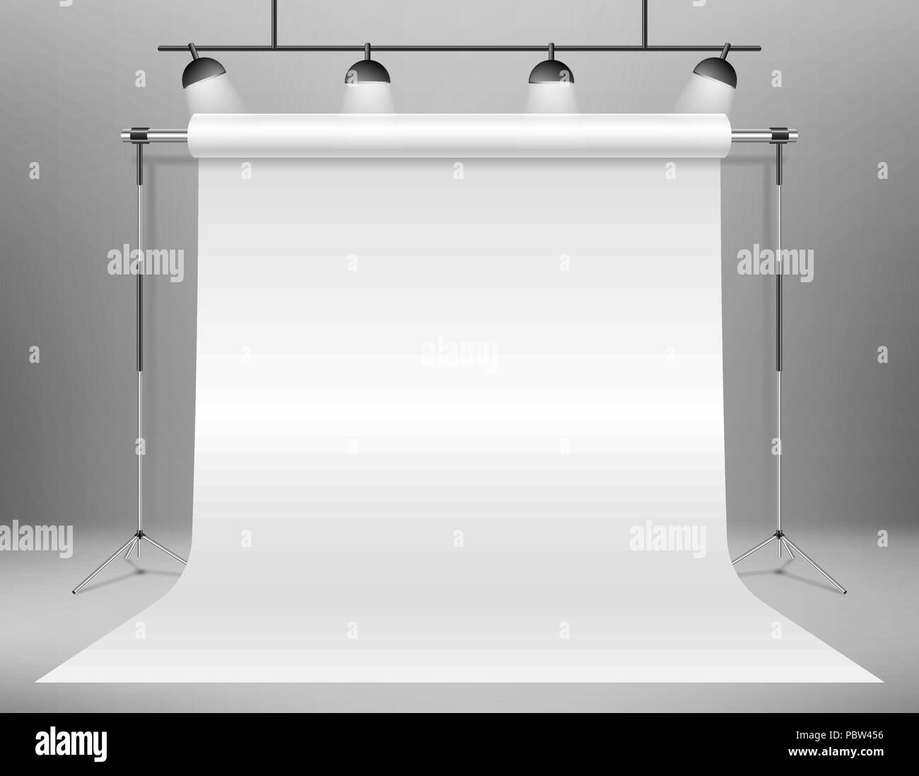 Realistico bianco vuoto photo studio sfondo modello. fotografo studio sullo sfondo stand con faretti. Illustrazione Vettoriale. Illustrazione Vettoriale