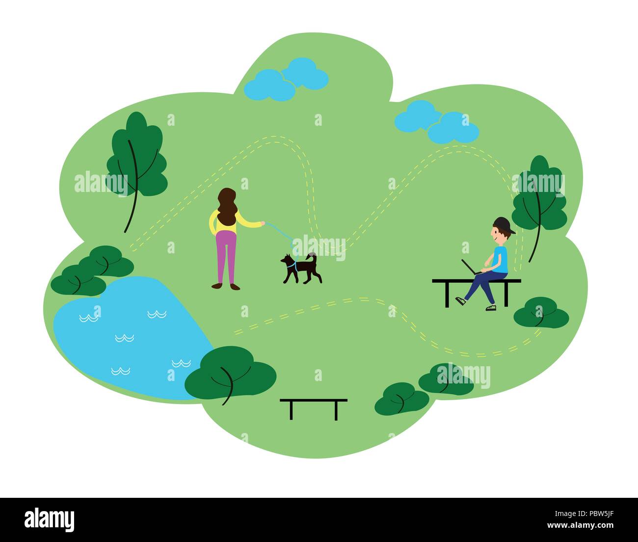 Le persone che godono di tempo libero nel parco, piatto stile di design grafico vettoriale illustrazione set. Parco pubblico il concetto banner con caratteri. Si può utilizzare per i banner web, infographics, eroe di immagini Illustrazione Vettoriale