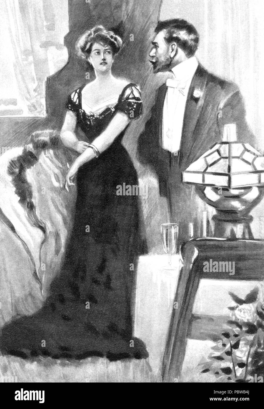 Un marito ideale - Un 1901 illustrazione per il 1895 gioco da Oscar Wilde mostra Signore Goring affrontare la signora Cheveley circa il furto del bracciale Foto Stock