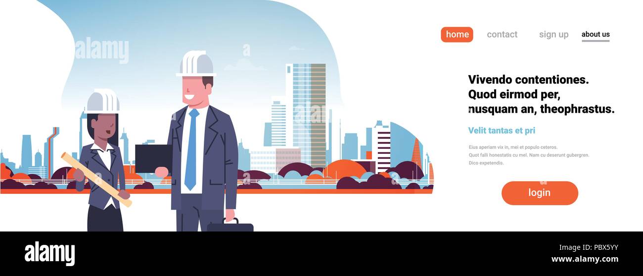 Builder architetto giovane discutendo mix race team business donna uomo costruire casco city building cityscape sfondo verticale piana banner orizzontale dello spazio di copia Illustrazione Vettoriale