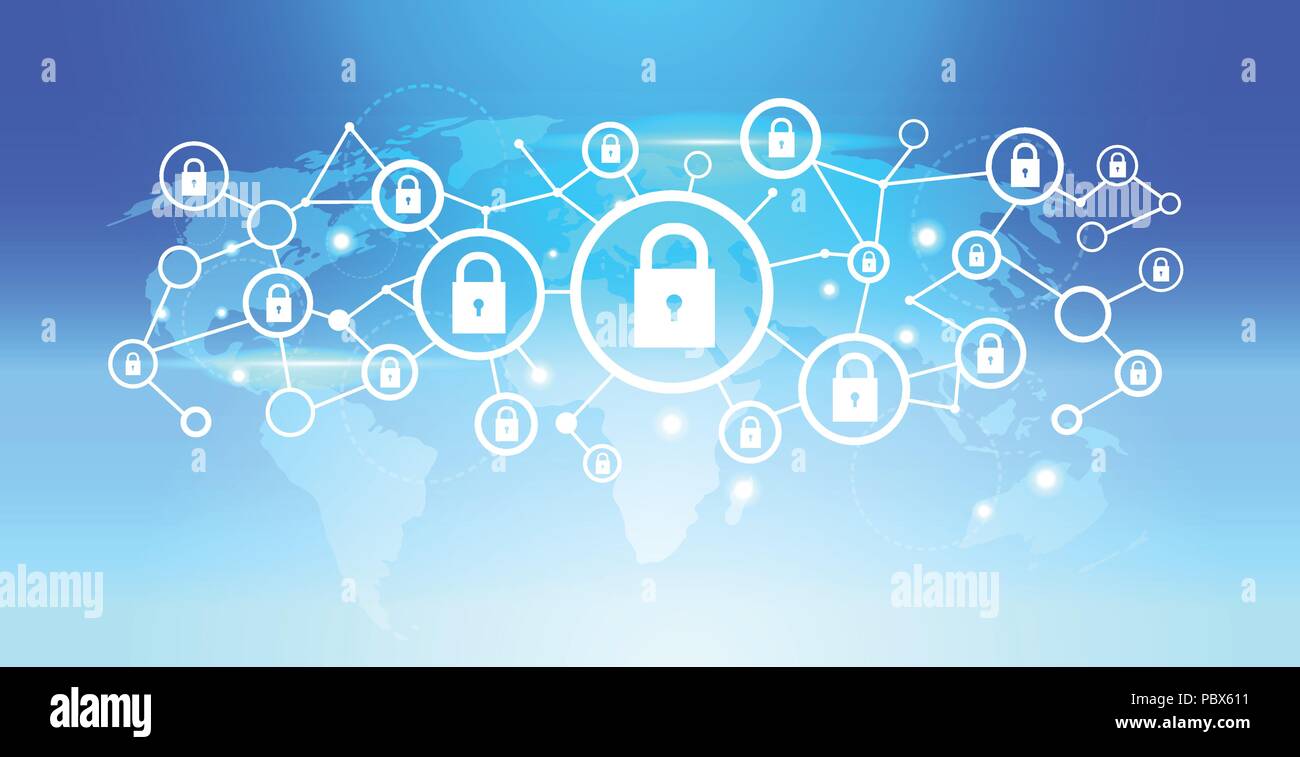 Mappa mondo futuristico icona a forma di lucchetto interface Tutela della privacy dei dati di connessione di rete concetto sfondo blu orizzontale piana Illustrazione Vettoriale