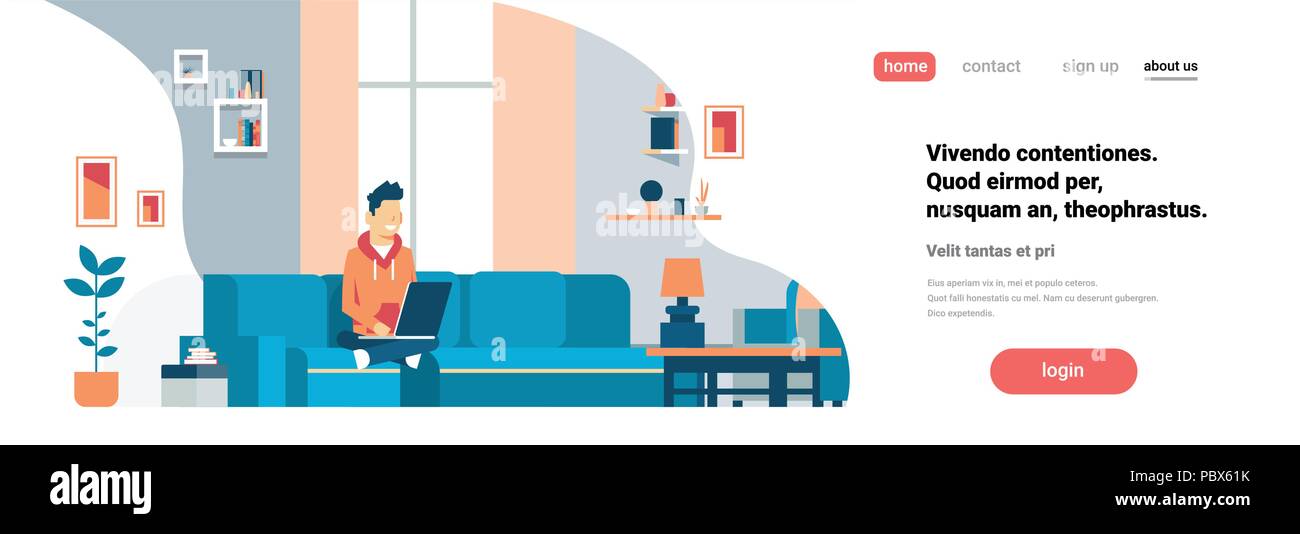 Uomo con notebook living room interior home appartamento moderno relax maschio concetto orizzontale piana banner spazio di copia Illustrazione Vettoriale