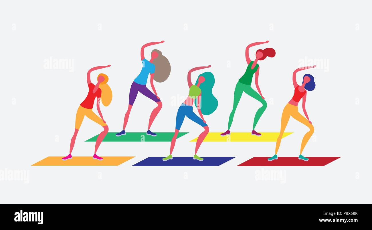 Donna gruppo facendo esercizi aerobici personaggio dei fumetti sport  attività femmina isolati uno stile di vita sano concetto a lunghezza intera  piana orizzontale Immagine e Vettoriale - Alamy