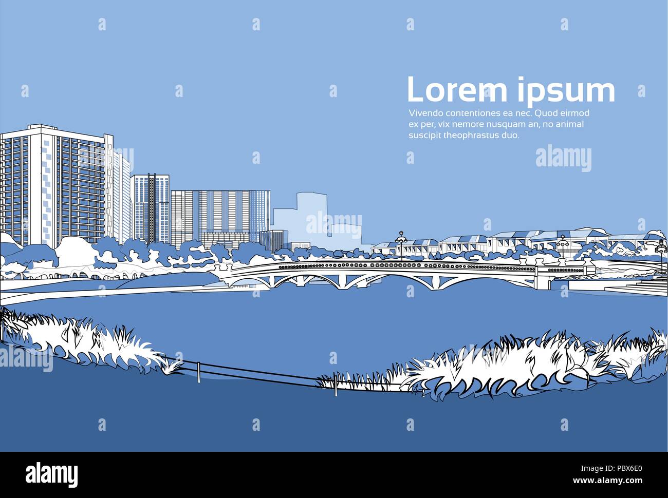 Ponte di pietra sul fiume cityscape sfondo blu edifici della città vista orizzontale orizzontale dello spazio di copia Illustrazione Vettoriale