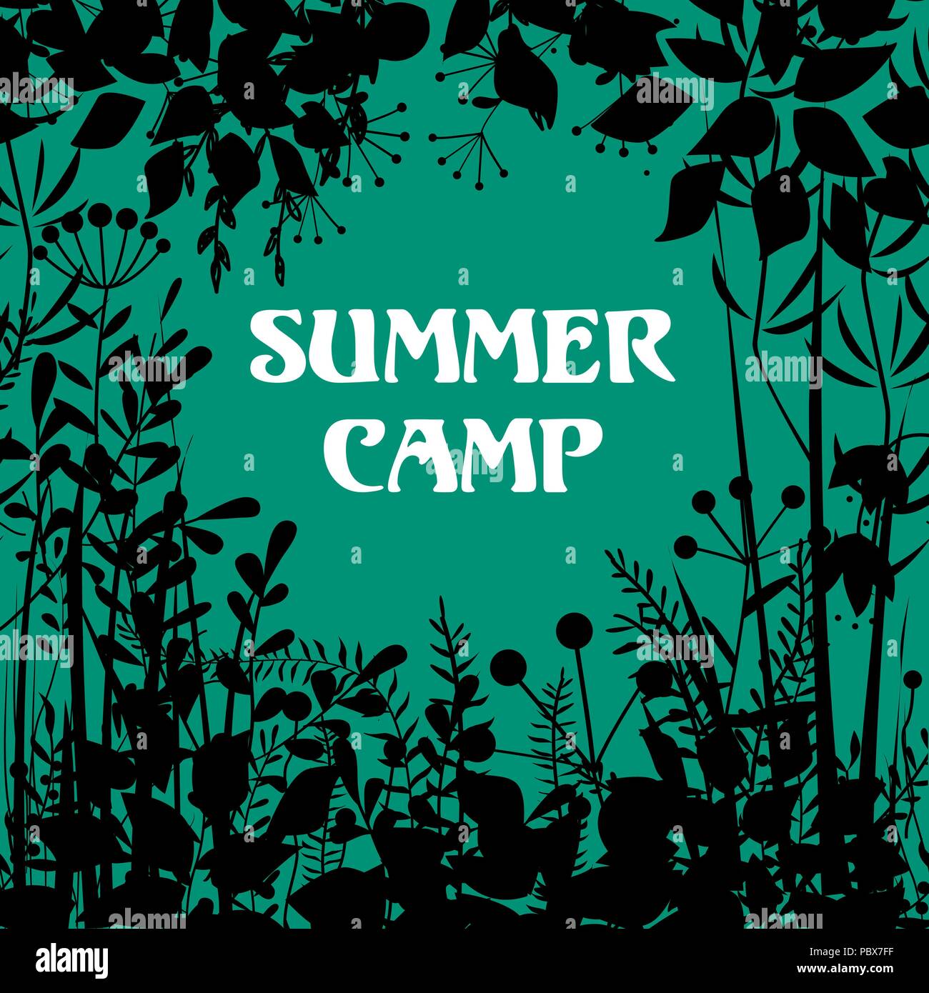 Summer Camp sfondo. Vector decorativi cornice floreale con elementi della foresta. Doodle sfondo per estate aria aperta progetti, schede, imballaggio Illustrazione Vettoriale