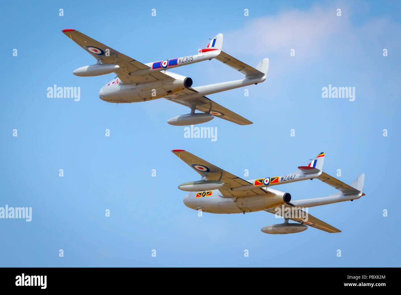 Fairford, Gloucestershire, Regno Unito - Luglio 14th, 2018: un De Havilland Vampire e display di Venom al Royal International Air Tattoo 2018 Foto Stock