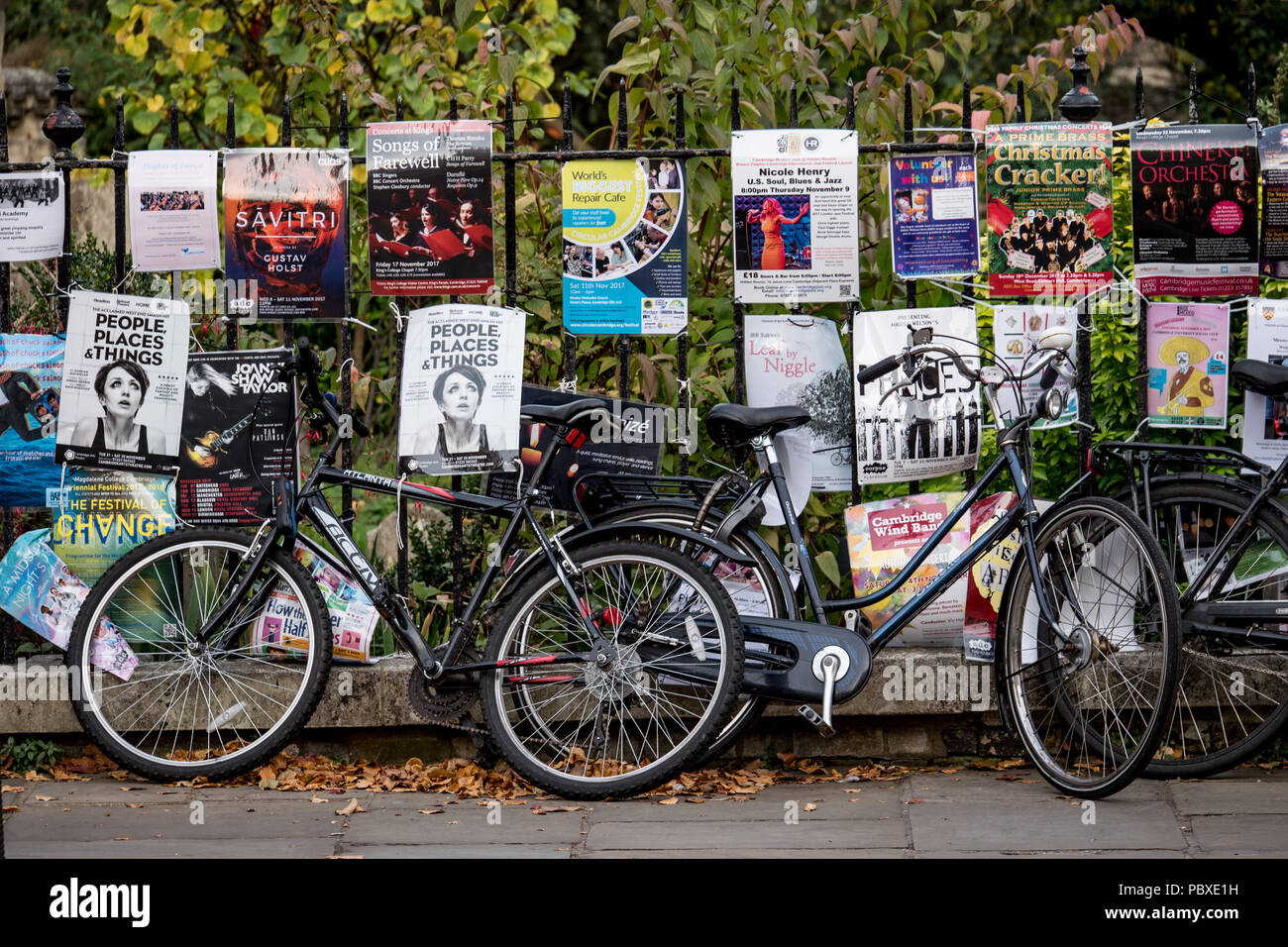 Manifesti promozionali pubblicità concerti di musica classica e colloqui. I poster sono attaccate alle ringhiere nella città universitaria di Cambridge, Inghilterra England Regno Unito. Foto Stock