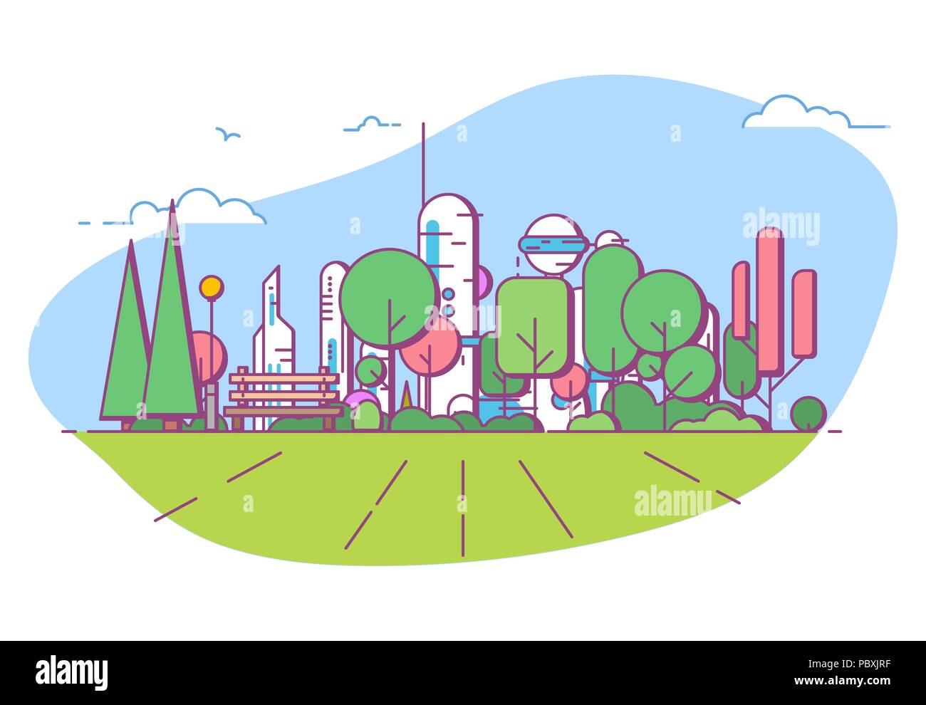Città futuristica park con panca Illustrazione Vettoriale