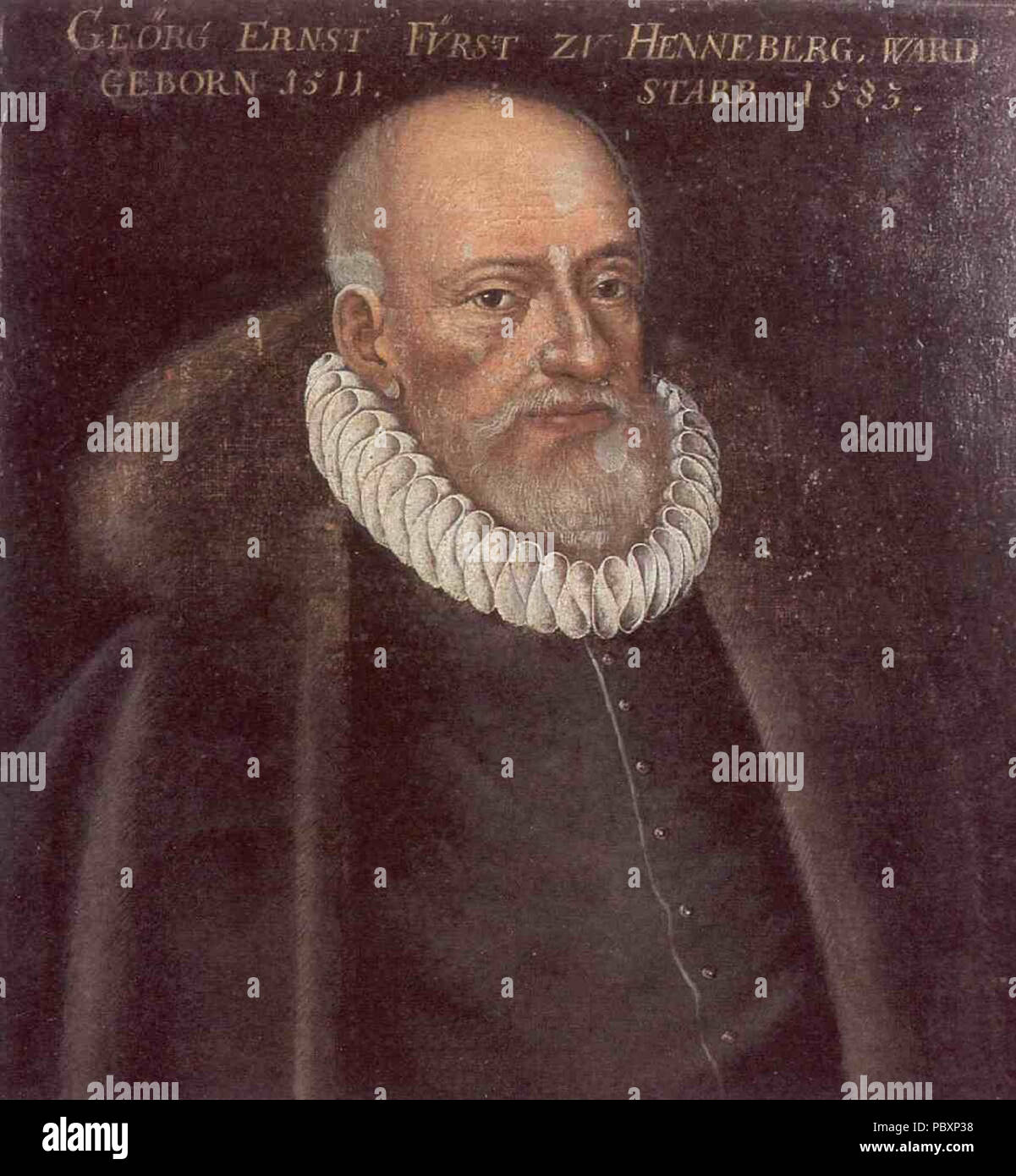 Zur Persona: Georg Ernst, letzter Graf von Henneberg, wurde am 27.5.1511 auf der Bertholdsburg zu Schleusingen geboren und im jugendlichen Alter an den Höfen von Herzog Albrecht im preußischen Königsberg, von Herzog Wilhelm von Jülich und Landgraf Philipp von Hessen erzogen. 1530 nahm er am Reichstag zu Augsburg teil. In kaiserlichen Diensten stehend zeichnete er sich vor allem im Feldzug gegen die Türken 1542 aus. Die Wetterfahne mit Kreuz und Halbmond auf dem Schleusinger Kirchturm erinnert bis heute un diese Schlacht, in der Georg Ernst Herzog Moritz von Sachsen (1521-1553) das Leben rettete Foto Stock Zur Persona: Georg Ernst, letzter Graf von Henneberg, wurde am 27.5.1511 auf der Bertholdsburg zu Schleusingen geboren und im jugendlichen Alter an den Höfen von Herzog Albrecht im preußischen Königsberg, von Herzog Wilhelm von Jülich und Landgraf Philipp von Hessen erzogen. 1530 nahm er am Reichstag zu Augsburg teil. In kaiserlichen Diensten stehend zeichnete er sich vor allem im Feldzug gegen die Türken 1542 aus. Die Wetterfahne mit Kreuz und Halbmond auf dem Schleusinger Kirchturm erinnert bis heute un diese Schlacht, in der Georg Ernst Herzog Moritz von Sachsen (1521-1553) das Leben rettete Foto Stock