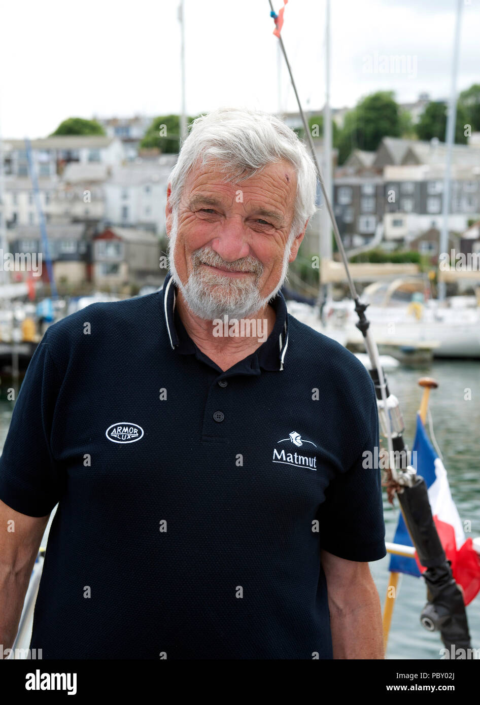 Jean-Luc Van Den Heede, skipper nel 2018 Golden Globe il lavoro il giro del mondo in barca a vela. Foto scattata in Falmouth, Regno Unito, nel giugno 2018. Foto Stock