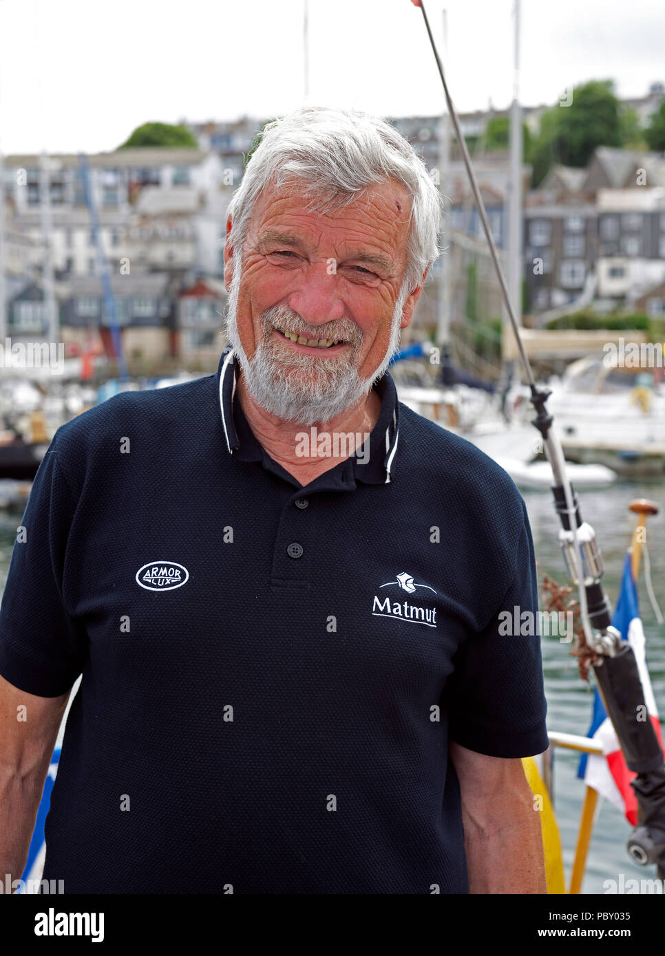 Jean-Luc Van Den Heede, skipper nel 2018 Golden Globe il lavoro il giro del mondo in barca a vela. Foto scattata in Falmouth, Regno Unito, nel giugno 2018. Foto Stock