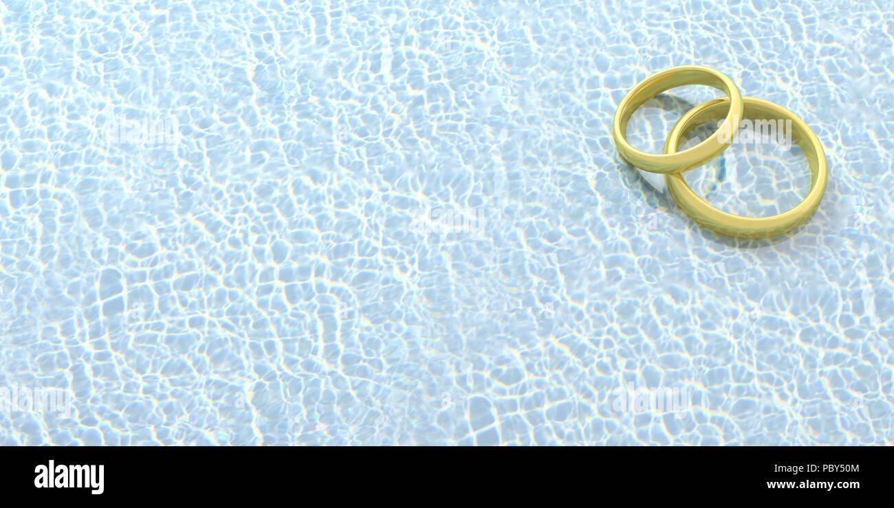 Festa di nozze presso la piscina. Coppia di golden gli anelli di nozze sulla piscina di acqua sfondo, spazio copia, 3d illustrazione Foto Stock