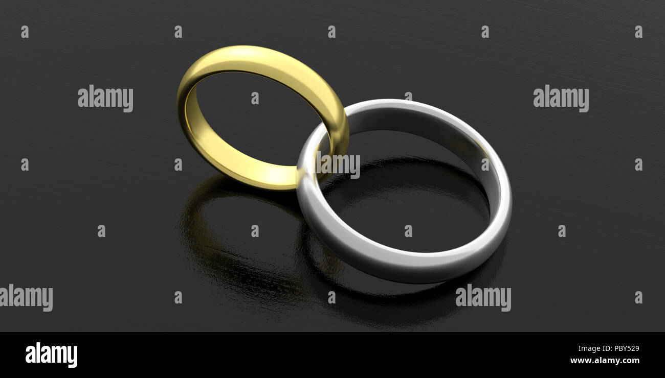 Coppia di golden platinum unite gli anelli di nozze isolato nero su sfondo di legno, 3d illustrazione Foto Stock