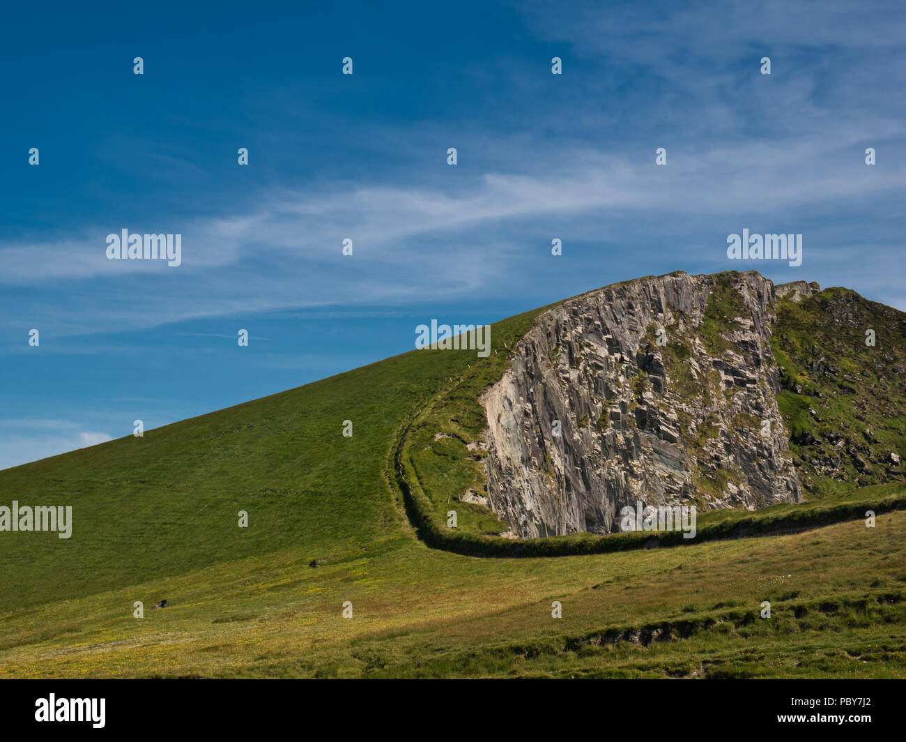 Verde prato con un recinto appena prima del precipizio su una parete di roccia sulla costa occidentale dell'Irlanda a Portmagee Foto Stock