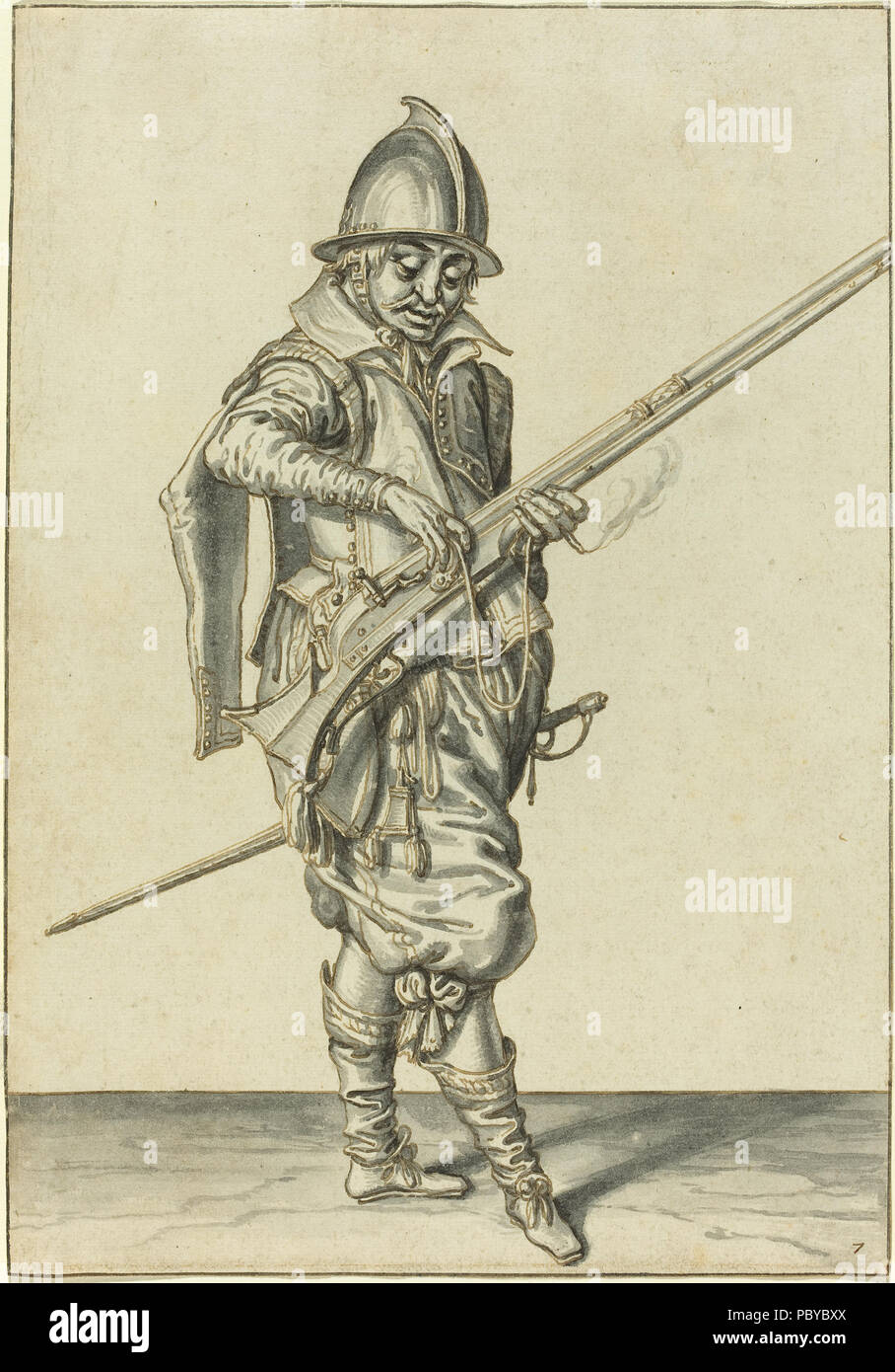 Jacques de Gheyn II (Olandese, 1565 - 1629 ), elegantemente vestito soldato preparando a fuoco i suoi Caliver, c. 1597, a penna e inchiostro bruno con lavaggio grigio su carta vergata, dono della Fondazione Ahmanson 183 elegantemente vestito soldato suo costipatore Caliver Foto Stock