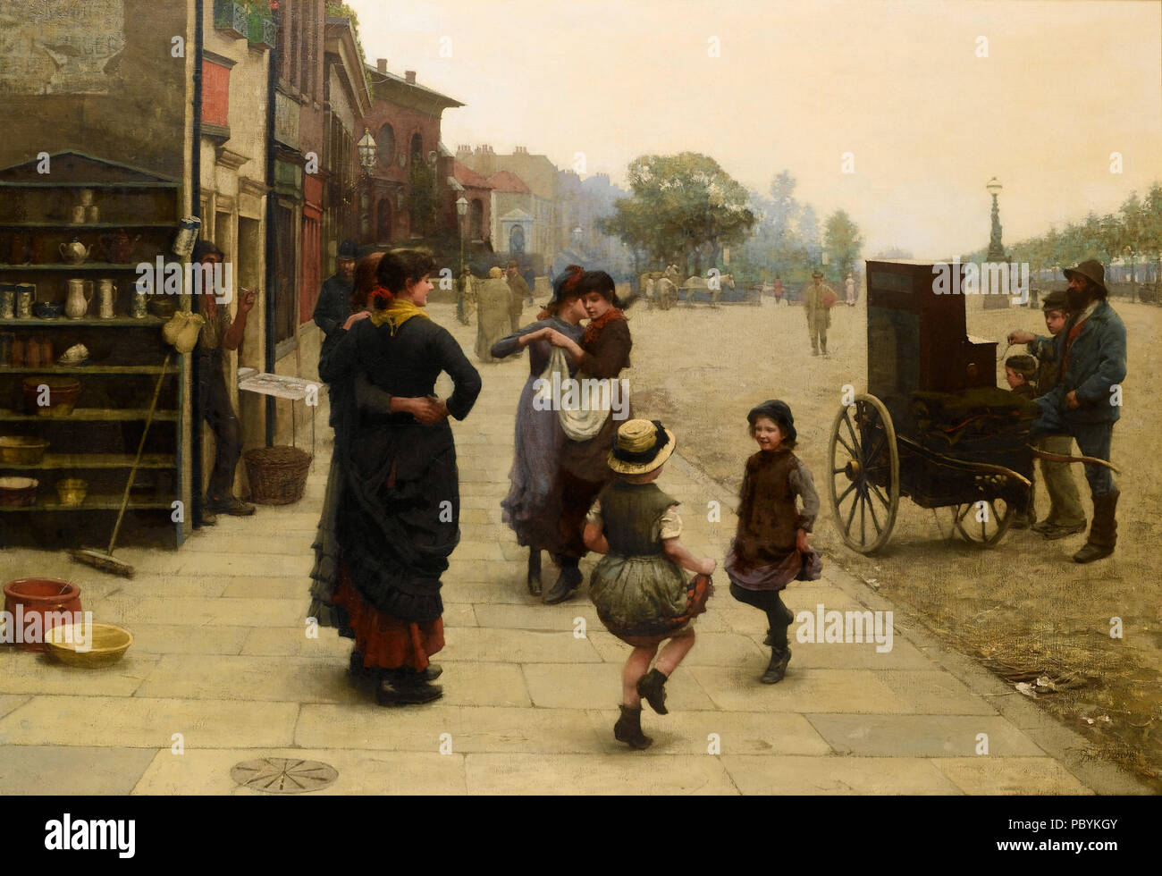 220 Frederick Brown una improvvisata danza - una scena sul Chelsea Embankment 1883 Foto Stock