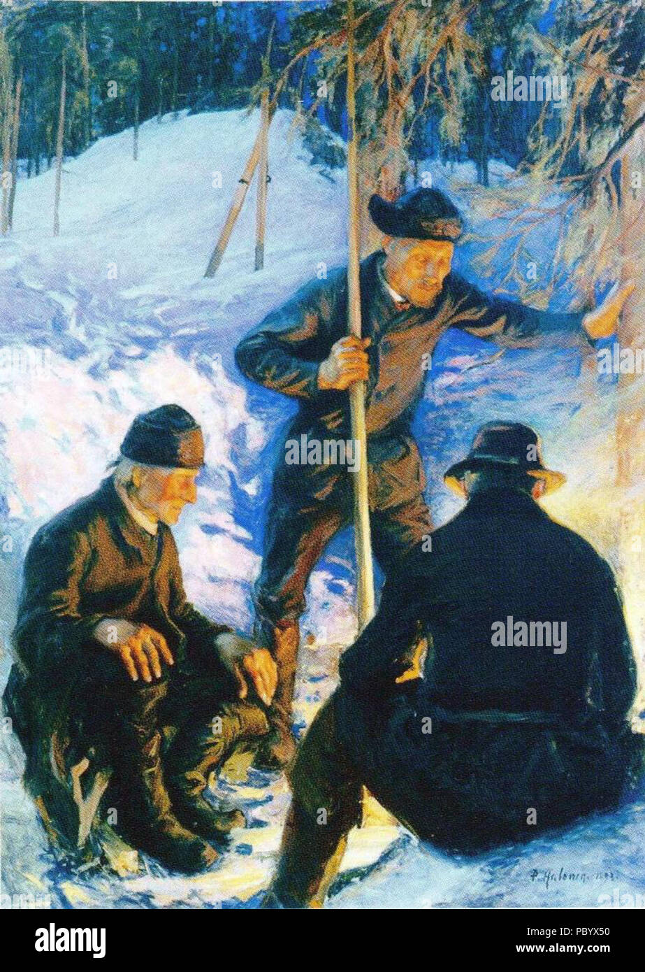 265 Halonen, Tukkimiehiä nuotiolla Foto Stock