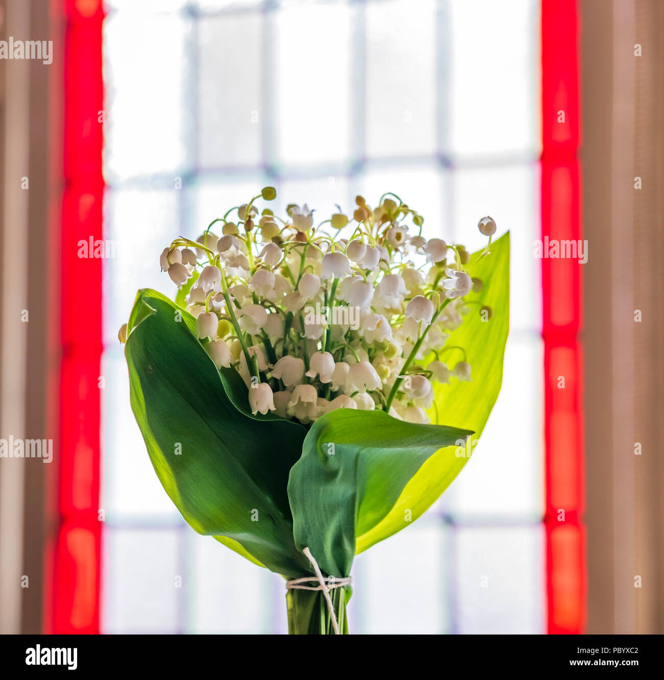 Il giglio della valle dei fiori mazzetto di fronte a una finestra Foto Stock