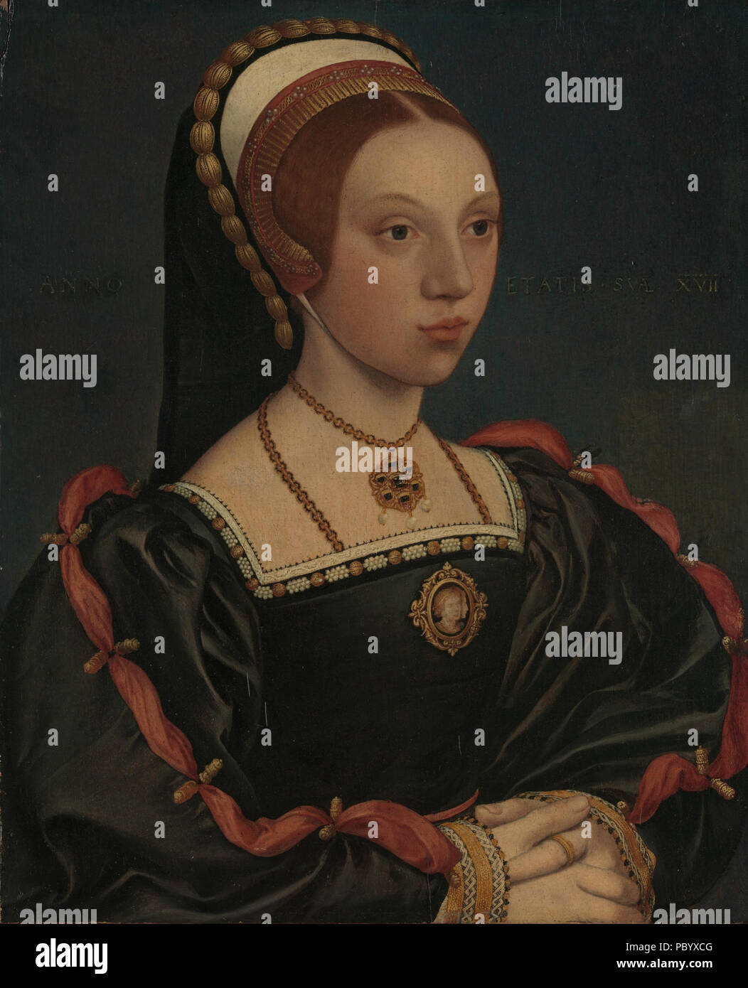 266 Hans Holbein il Giovane (laboratorio) - Ritratto di una giovane donna (Metropolitan Museum of Art) Foto Stock
