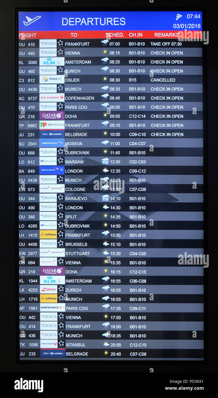 Scheda di volo all'Aeroporto di Zagreb, Croazia Foto Stock