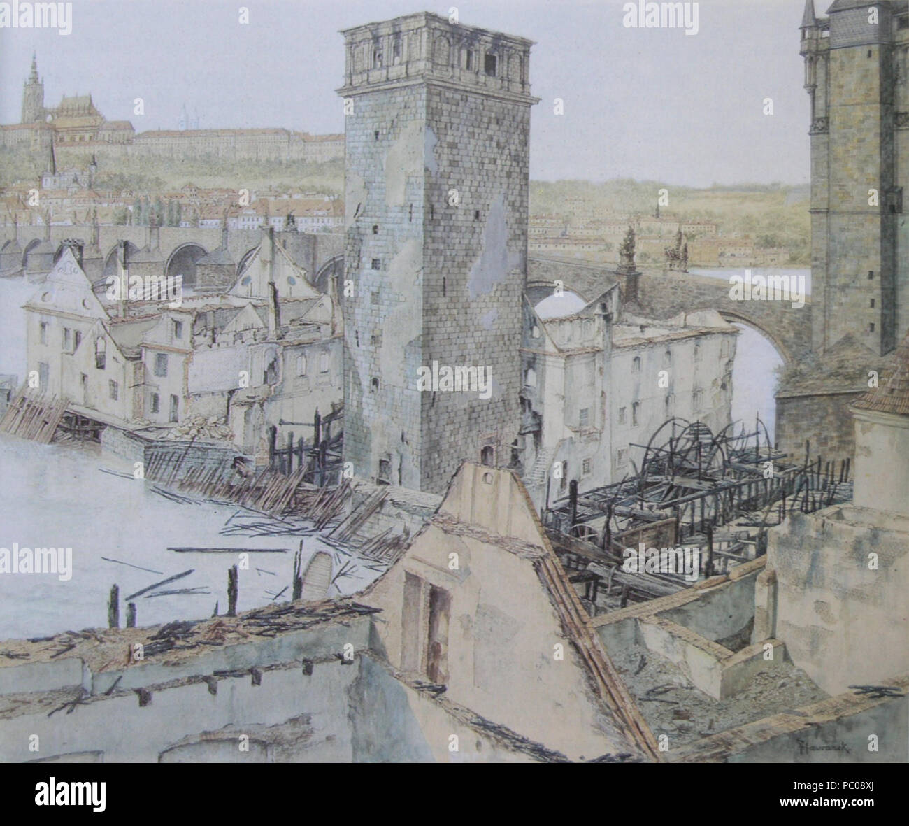 268 Havranek, Bedrich - Staromestske mlyny po pozaru v roce 1848 (1852) Foto Stock