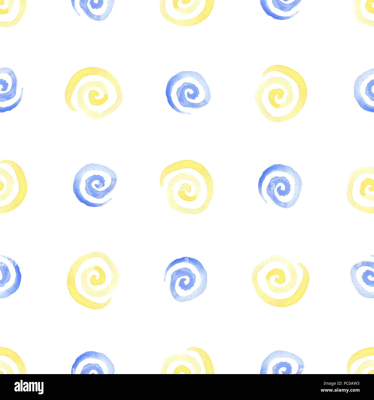 Acquerelli astratti seamless pattern con giallo e spirali blu su sfondo bianco Foto Stock