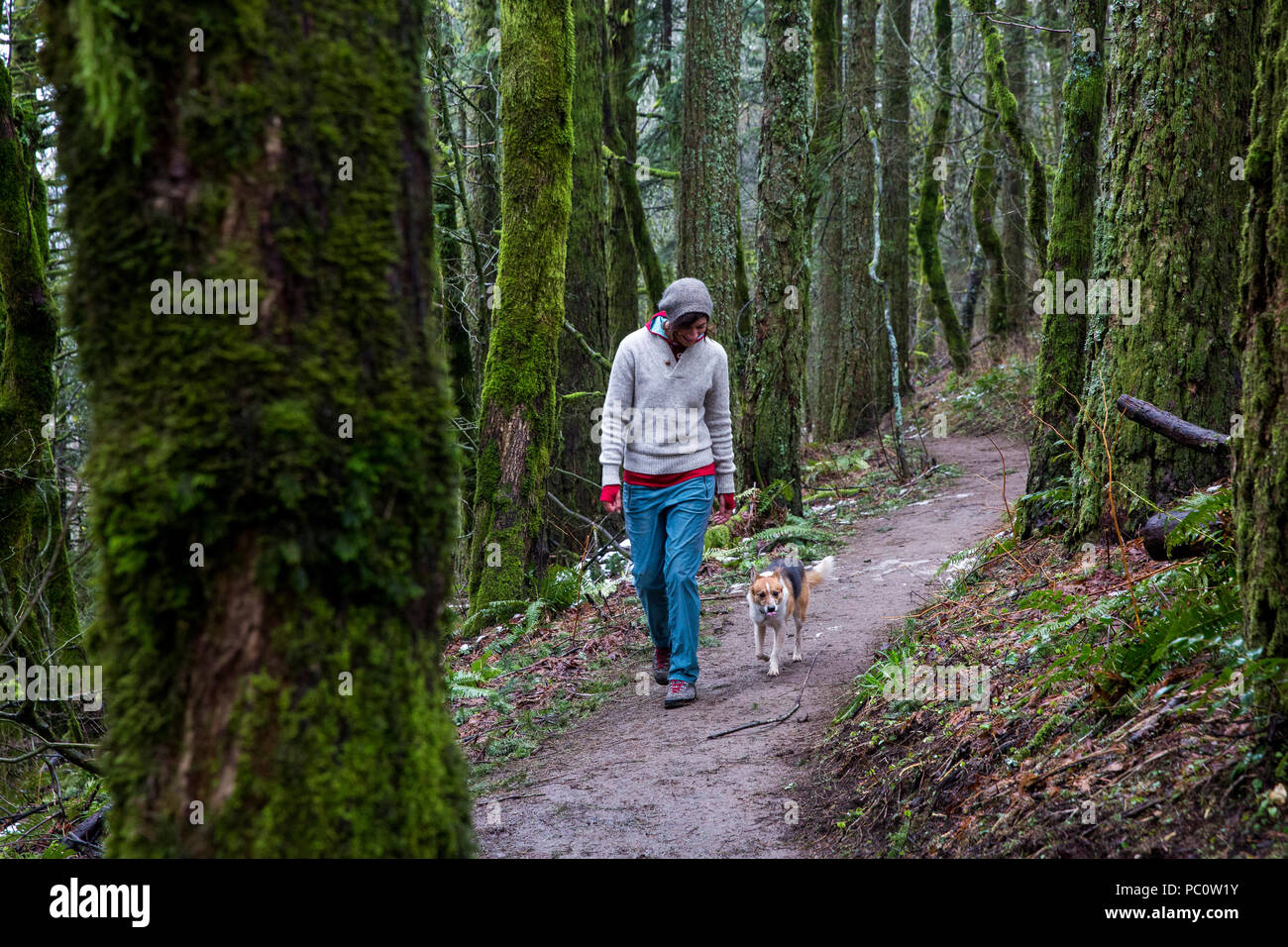Una donna passeggiate con il suo cane nella Columbia River Gorge. Foto Stock
