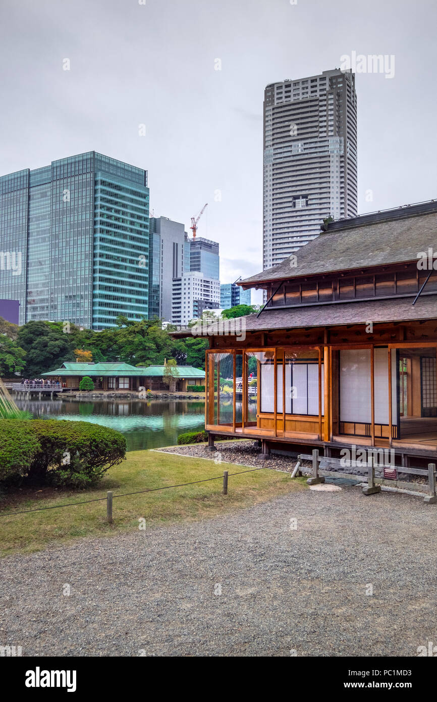 Hamarikyu (anche Hama Rikyu) più antico giardino giapponesi e i moderni grattacieli della zona di Shiodome, Chuo Ward, Tokyo, Regione di Kanto, isola di Honshu, Giappone Foto Stock