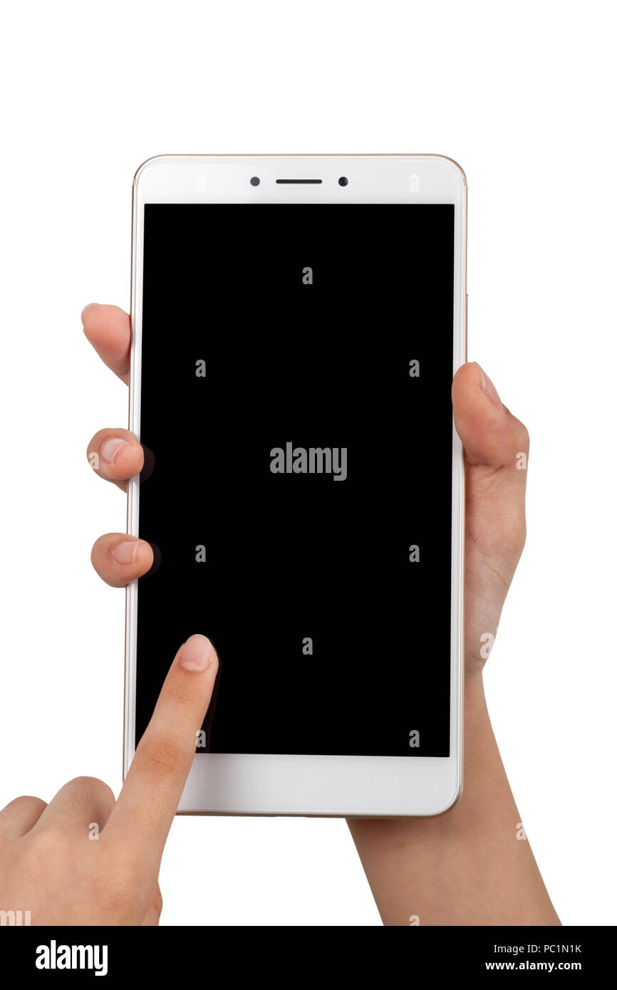 Primo piano di un bambino la coppia di mano utilizzando un grande schermo smartphone isolati su sfondo bianco Foto Stock