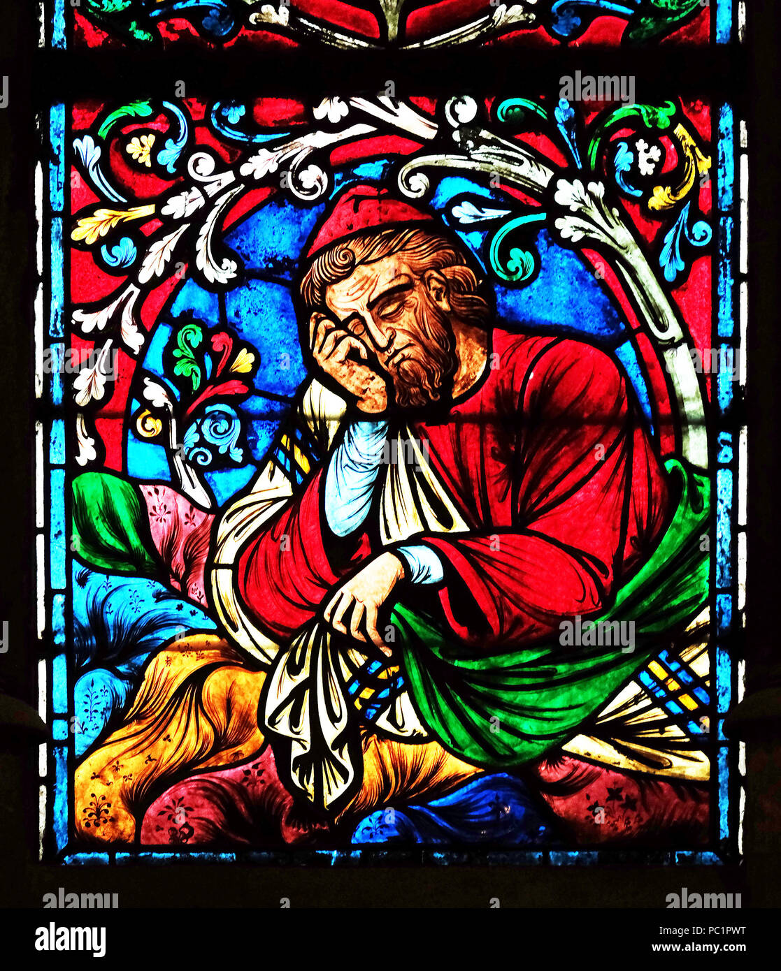 Jesse, padre del re Davide, vetrata nella cattedrale di Notre Dame, Sito Patrimonio Mondiale dell'UNESCO a Parigi, Francia Foto Stock